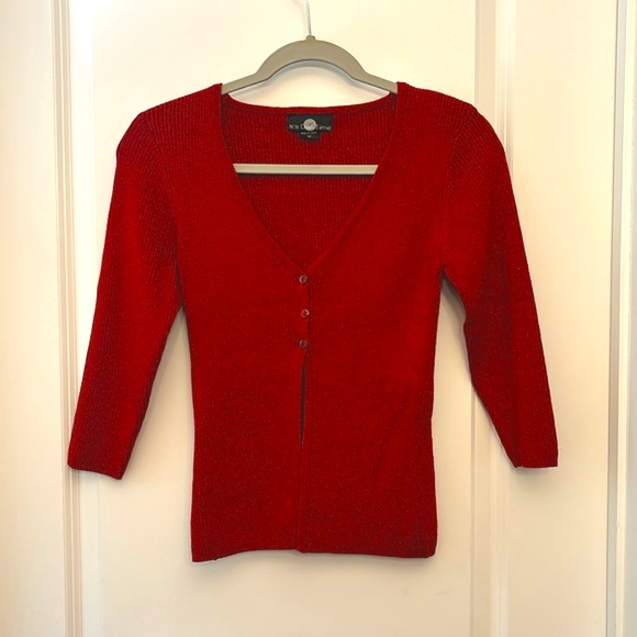 Red Sweater Cardigan Very Stretchy Metallic Buttons 3/4 sleeve V Neck Medium - Picture 1 of 6